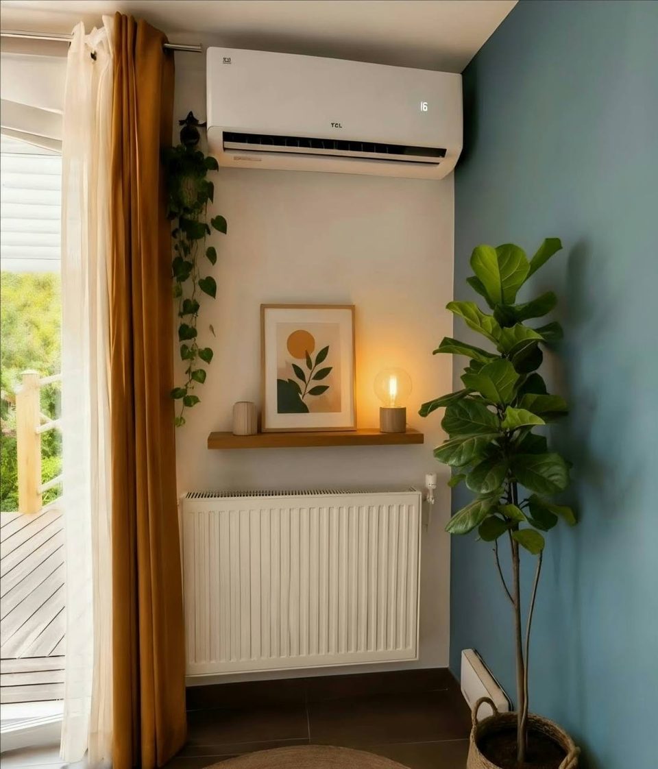 Climatiseur mural installé dans un salon, avec radiateur et plantes