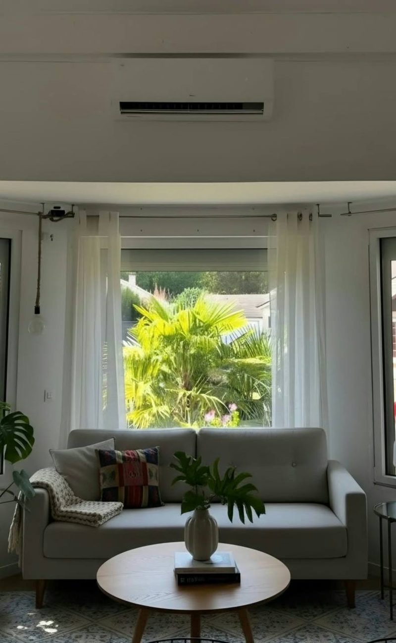 Climatiseur mural au-dessus d’un canapé, salon lumineux